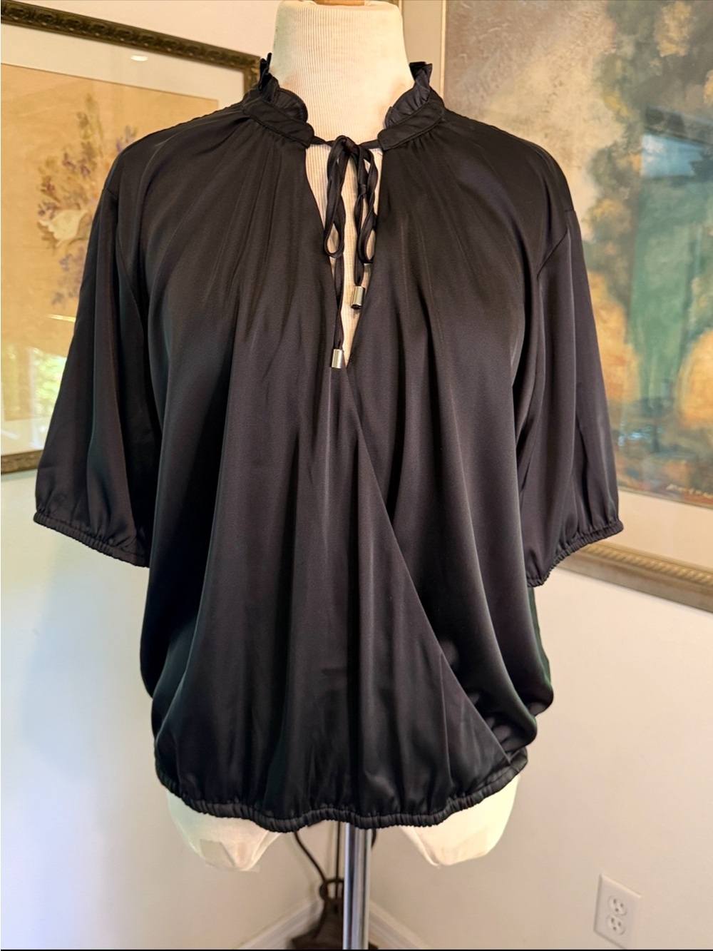 TOP - INC. INTERNATIONAL CONCEPTS Black Satin Ruffled Tie-Neck Blouse Size XL